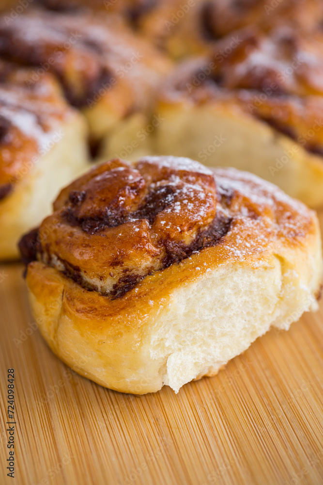 cooked baked sweet bun rolls with chocolate filling