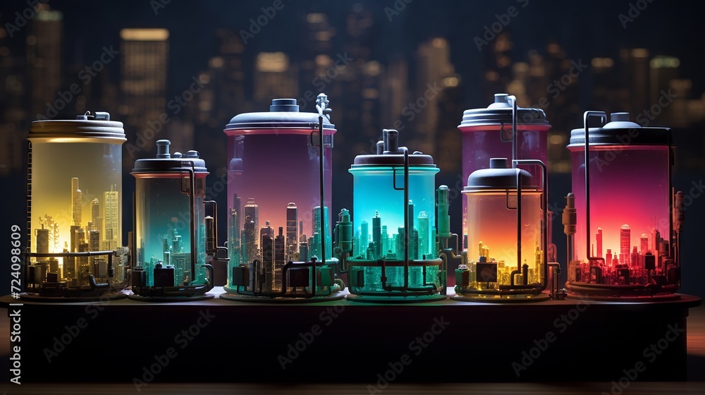 Miniature hand-painted storage tanks in a diorama of a futuristic cityscape, under the soft glow of twilight Miniature hand-painted storage tanks in a diorama of a futuristic cityscape, under the soft glow of twilight