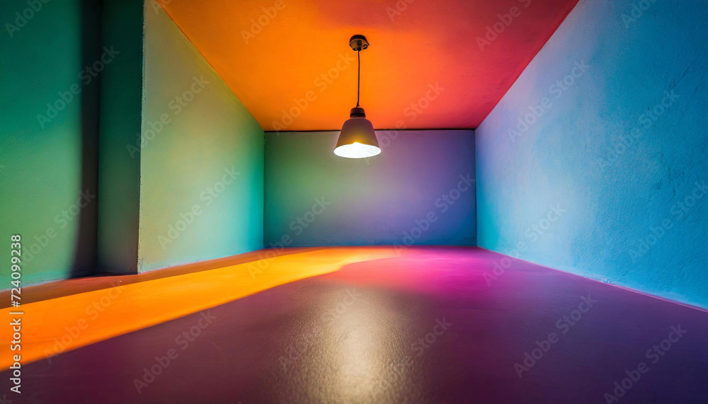 Obraz premium An empty room with vibrant colors and a wall illuminated by a shining light. Great for text mockups or product presentations.