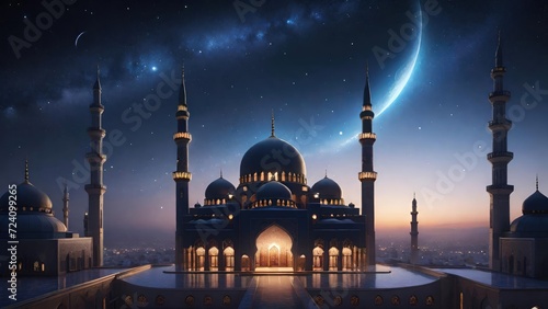 Silhouette of Big Mosque in the Starry Night. Suitable for Ramadan concept, Islamic concept, Greeting card, Wallpaper, Background, Illustration, etc  © dreambender