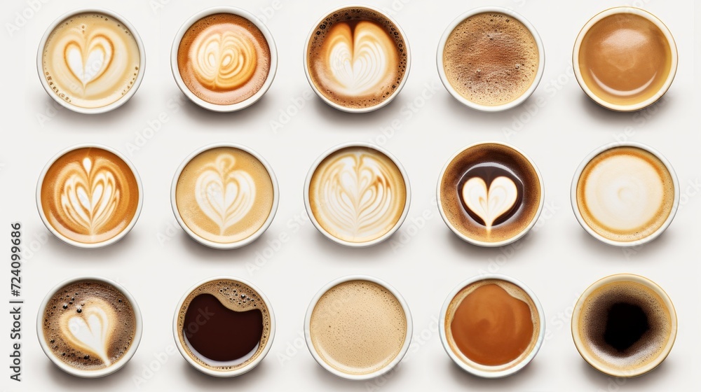 Many cups with tasty aromatic coffee on white background. Neural network AI generated art Many cups with tasty aromatic coffee on white background. Neural network AI generated art