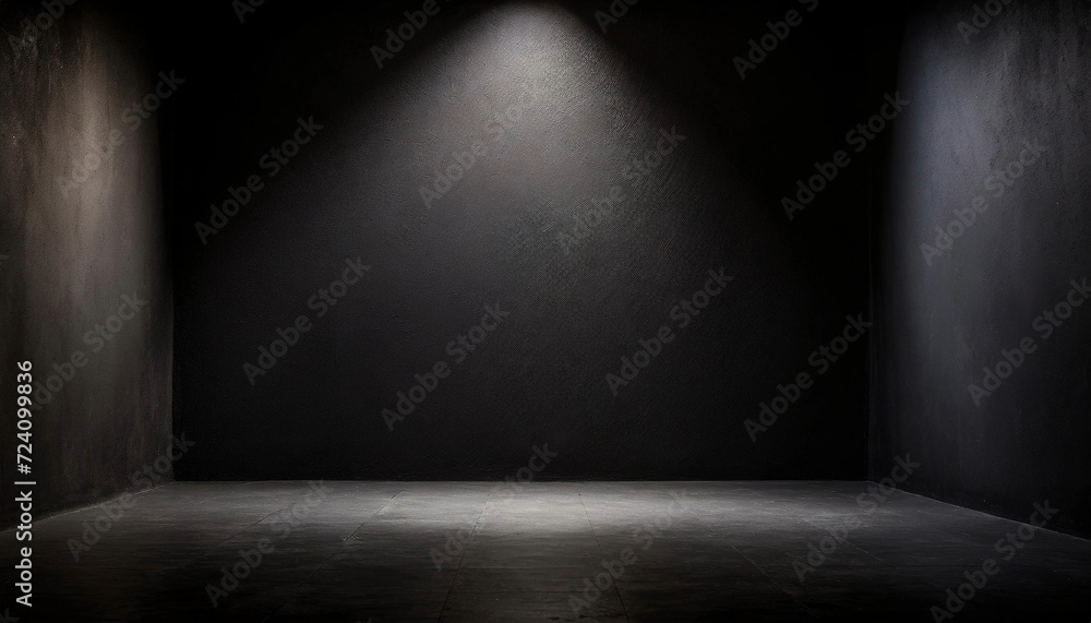 A solitary spotlight shines on an empty black room, suitable for text mockup or product presentation. - obrazy, fototapety, plakaty 