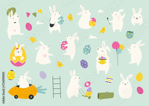 Big holiday set with holiday Easter rabbits, chickens and symbols