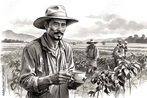 A farmers picking coffee illustration or cartoon on white background © W2GO