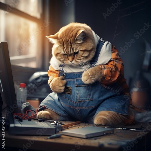 Adorable Cat Wearing Stylish Overalls Poses Nonchalantly on Wooden Desk
