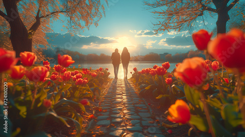 Couple walking on a cobblestone path - beautiful spring day - spring flowers -flower garden - park - golden hour 