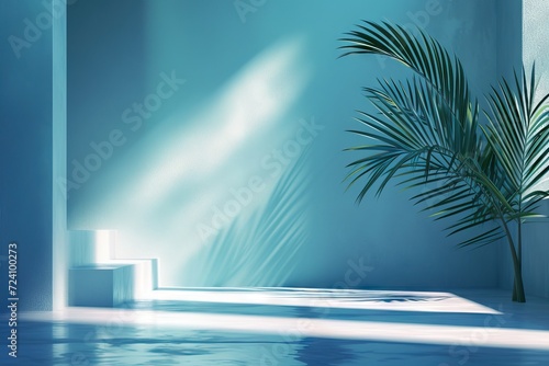 Anonymous woman holding a palm tree leaf and playing with the light getting into the room. AI generated illustration
