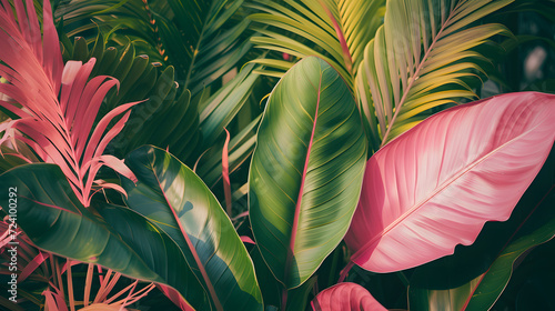 background made of orange, green and pink tropical leaves. Generative AI