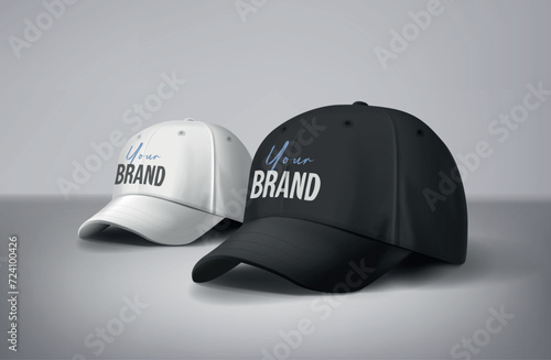 Black and white baseball caps mock up with logo in gray background, front sides. For branding and advertising.