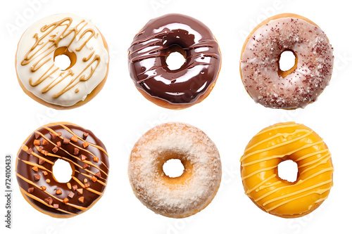Collection of round donut doughnut, glazed frost sugar set, top view on transparent background cutout, PNG file. Many assorted different. Mockup template for artwork