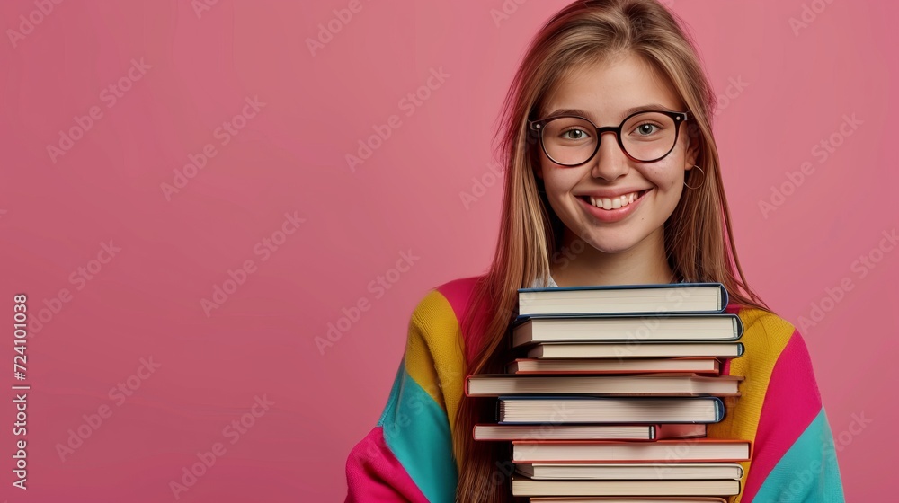 young girl smiling with glasses holding a stack of books against a blue background. copy space for text young girl smiling with glasses holding a stack of books against a blue background. copy space for text