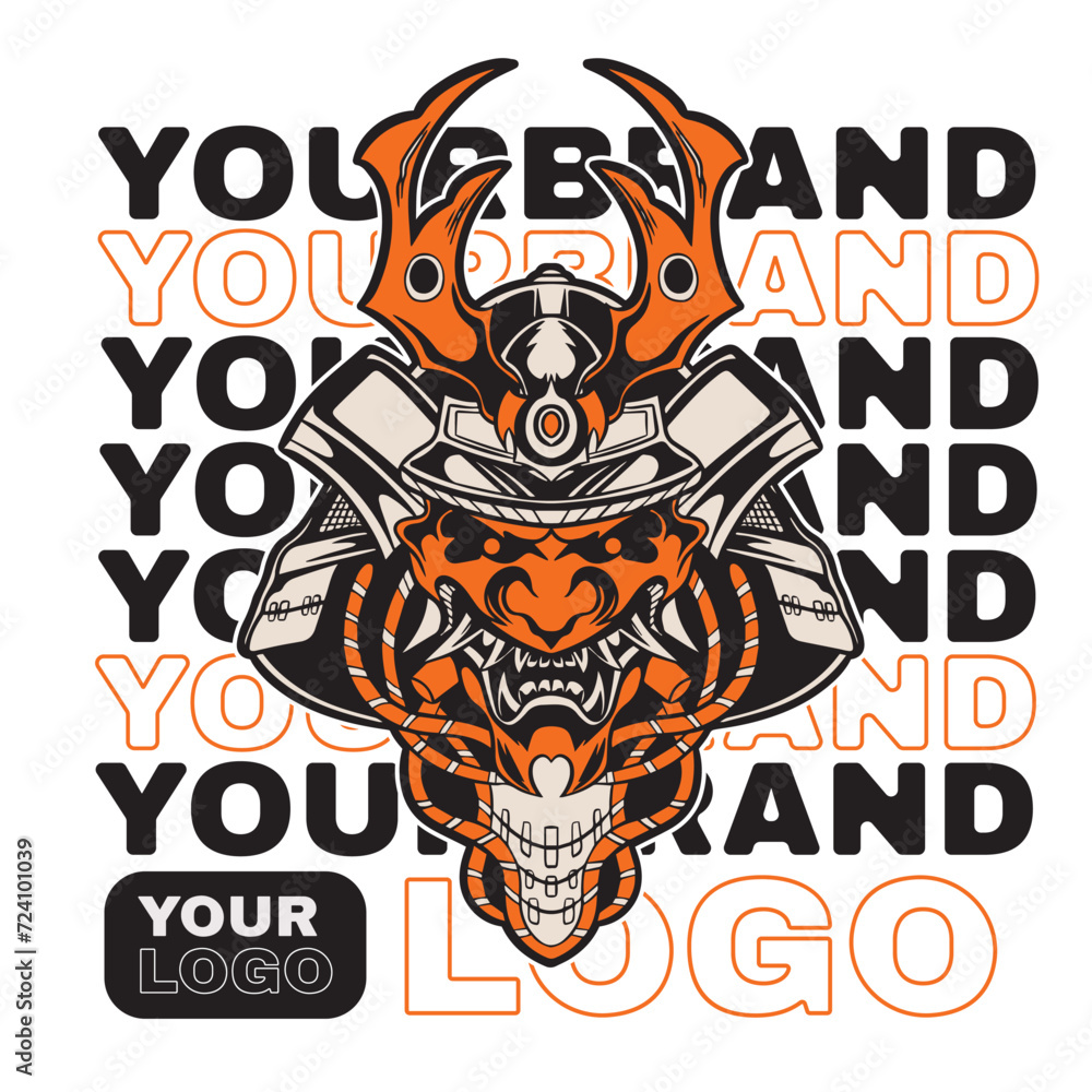 Samurai warrior mask. Traditional armor of japanese warrior. Vector illustration, shirt graphic. All elements; mask, helmet, colors are on the separate layers and editable.
Samurai warrior mask. Traditional armor of japanese warrior. Vector illustration, shirt graphic. All elements; mask, helmet, colors are on the separate layers and editable.