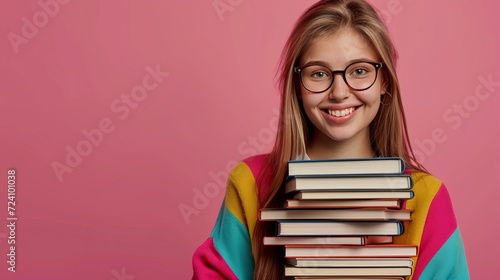 young girl smiling with glasses holding a stack of books against a blue background. copy space for text