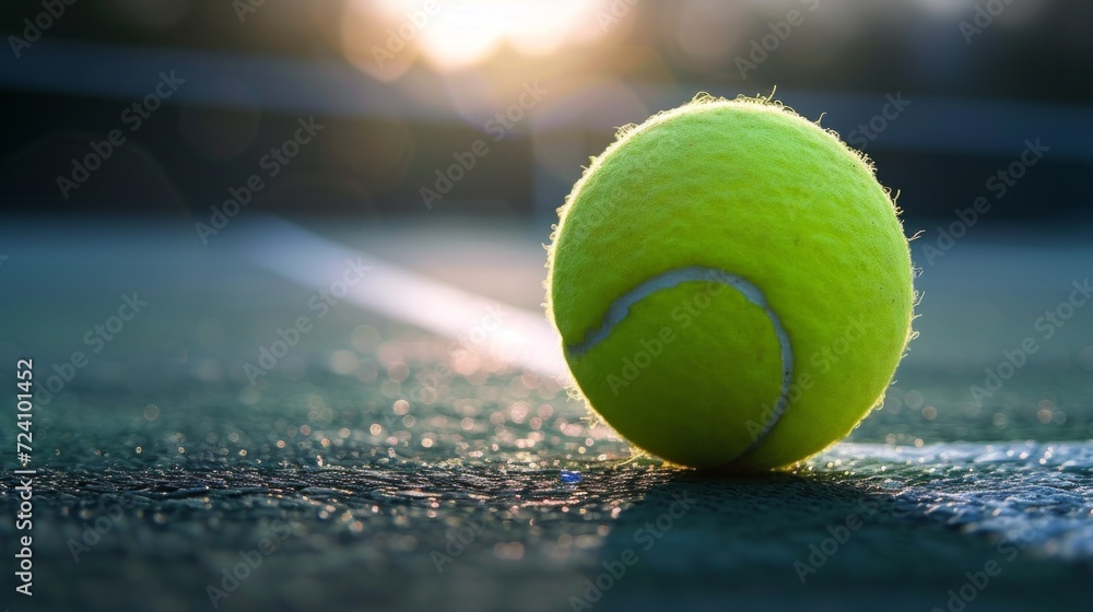 Tennis ball basking in the warm glow of sunset on a textured court with soft bokeh background