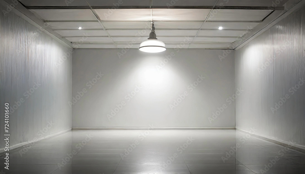 Obraz premium Step into a world of possibilities! An empty room with a pristine white floor and a radiant light bulb. Ideal for backgrounds with ample space to write