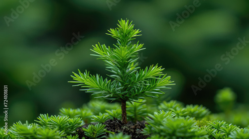 Young pine tree sprouting amidst green foliage.