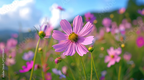 Pink cosmos flowers swaying in the warm light.