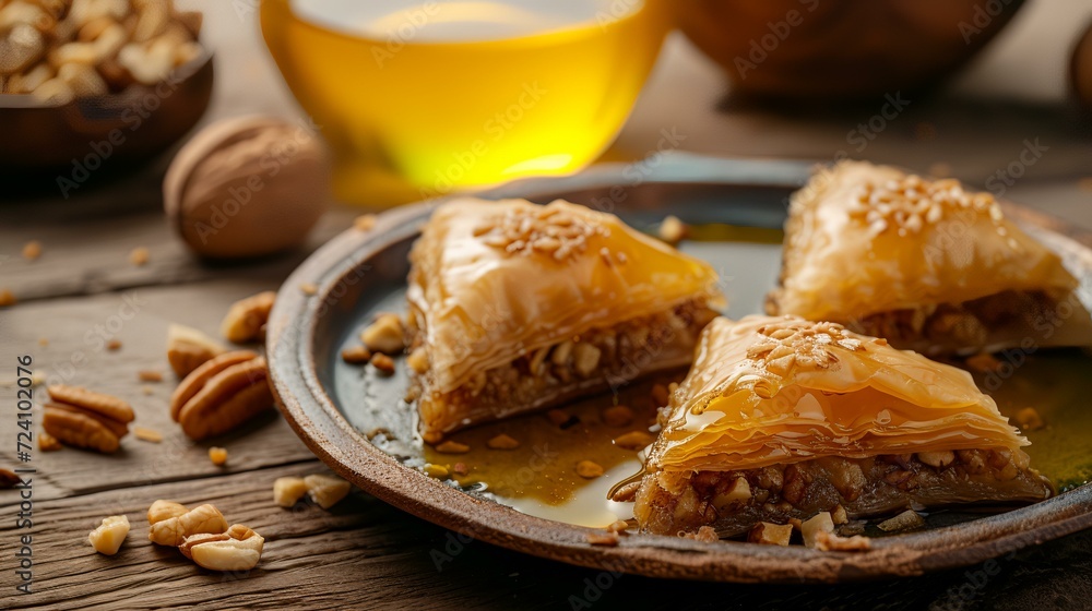 Plate with tasty baklava on wooden table, closeup Plate with tasty baklava on wooden table, closeup