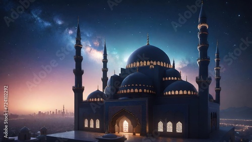 Silhouette of Big Mosque in the Starry Night. Suitable for Ramadan concept, Islamic concept, Greeting card, Wallpaper, Background, Illustration, etc 