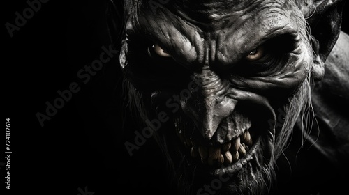 The creepy grin of an evil creature. A sinister smile. Grim image of a scary undead creature.