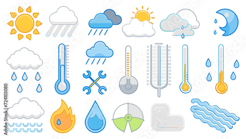 Weather Forecast Elements Set. Temperature, Precipitation, Wind Speed, Humidity, And Atmospheric Pressure Icons