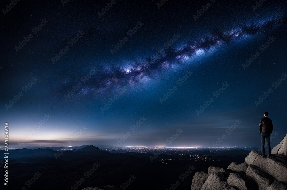 Silhouette of man standing on high rock at night sky with stars rise, nebula background. Amazing picture of night landscape. Fairy tale cosmic concept. Copy ad text space. Generative Ai illustration