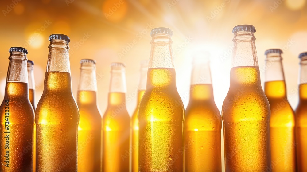 Lots of cold beer bottles with large condensation drops on them. A refreshing drink. Illustration for cover, card, postcard, interior design, poster, brochure, advertising, marketing or presentation. Lots of cold beer bottles with large condensation drops on them. A refreshing drink. Illustration for cover, card, postcard, interior design, poster, brochure, advertising, marketing or presentation.