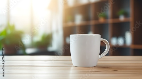 White Coffee Cup on a wooden Table. Blurred Interior Background