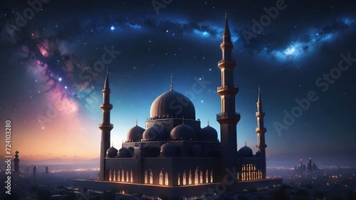 Mosque Silhouette Under Starry Night Sky. Suitable for Ramadan concept, Islamic concept, Greeting card, Wallpaper, Background, Illustration, etc 