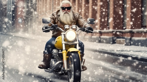 Brutal biker rides motorcycle without helmet. Active senior retired motorcyclist. Aged man enjoying his freedom, doing a road trip. Illustration for cover, card, interior design or print. © Login