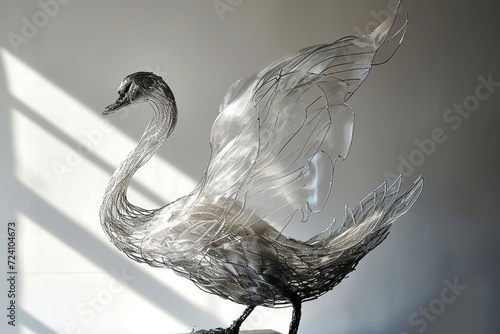a graceful metal wire-framed swan, capturing its elegant neck and flowing feathers in a minimalist sculpture statue. photo