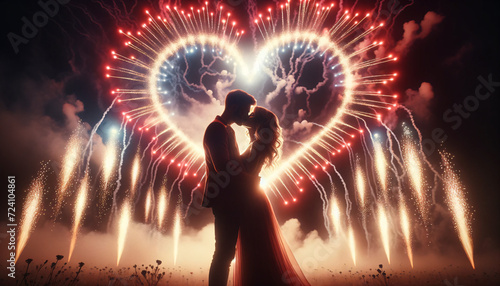 Intimate couple kissing under heart-shaped fireworks, posed portrait with cinematic romance, vibrant color grading, outdoor photography, hard shadows, motion blur. Generative AI.
