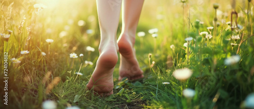 Barefoot serenity, a person walks amidst a meadow of daisies, bathed in golden sunlight #724104882