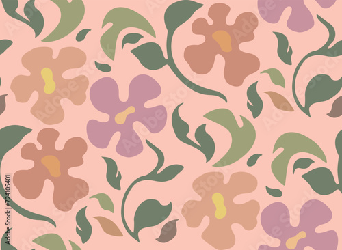 Fowers and leaves in vintage style, seamless pattern. 