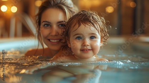 A happy child playing in the pool together with mother  generative ai.
