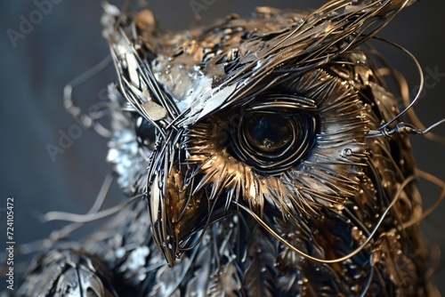 a majestic metal wire-framed owl, embodying wisdom and mystery in a minimalist sculpture statue.