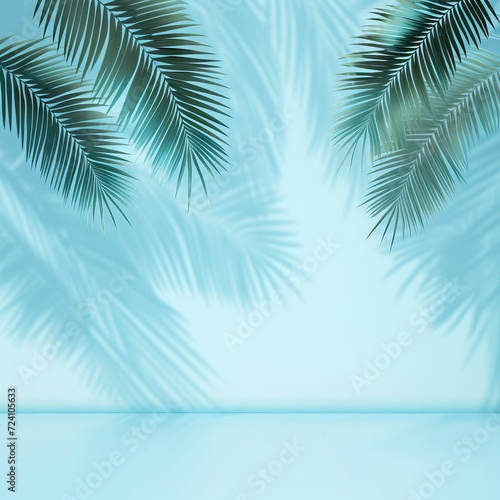 Abstract background of shadows palm leaves on a blue background. AI generated illustration