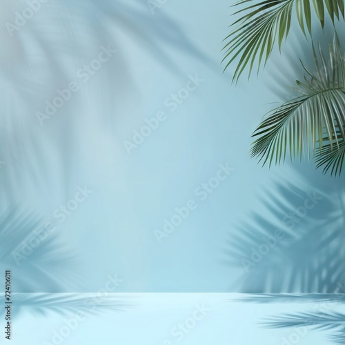 Abstract background of shadows palm leaves on a blue background. AI generated illustration