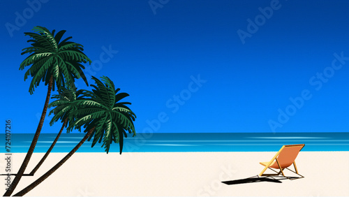 Sticker Beach Digital painting with coconut trees and beach chair in bright blue sky and