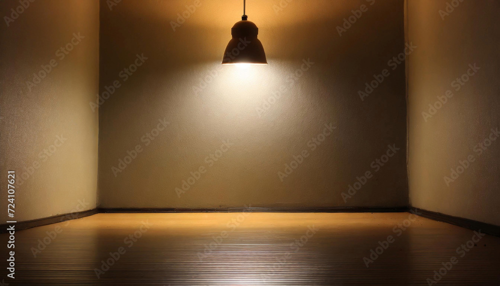 A room devoid of any objects, with a radiant light shining upon it. This image is ideal for text or presentation backgrounds, offering ample writing space. The top light creates a reflective effect.