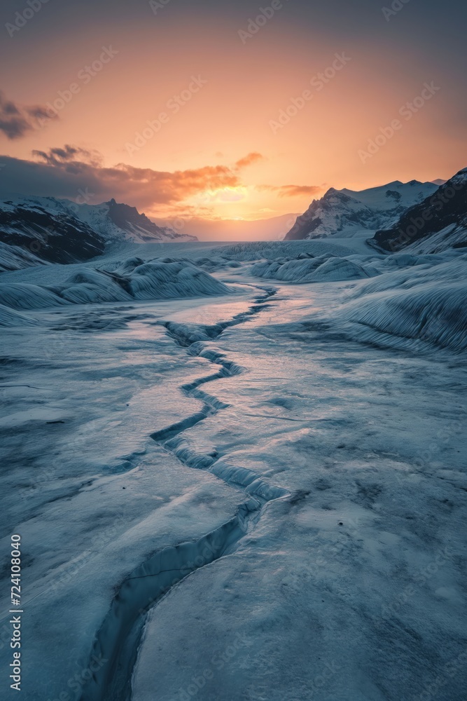 Captivating view of the glacier and mountains in sunset Captivating view of the glacier and mountains in sunset