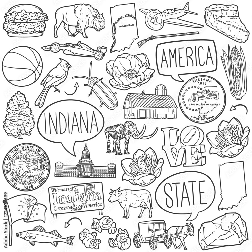 Indiana State Doodle Icons Black and White Line Art. United States Clipart Hand Drawn Symbol Design.