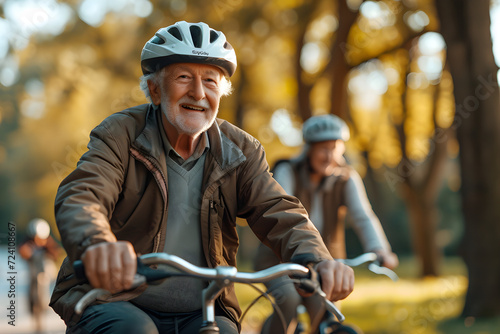 Senior friends enjoy a bike ride wearing cycling helmets for safety. They are embracing a healthy and active lifestyle during their retirement.