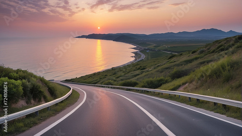 Asphalt road along the sea at sunset. 