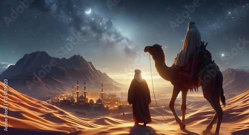 Al-Isra wal Mi'raj means The night journey of Prophet Muhammad, Multipurpose Illustration Background template. Islamic background  photo