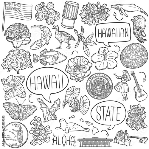 Hawaii State Doodle Icons Black and White Line Art. Hawaiian Clipart Hand Drawn Symbol Design.
