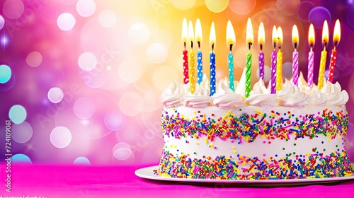 A delicious celebration cake with vibrant sprinkles and candles. Perfect for birthdays and special events