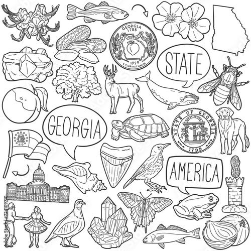 Georgia State Doodle Icons Black and White Line Art. United States Clipart Hand Drawn Symbol Design.