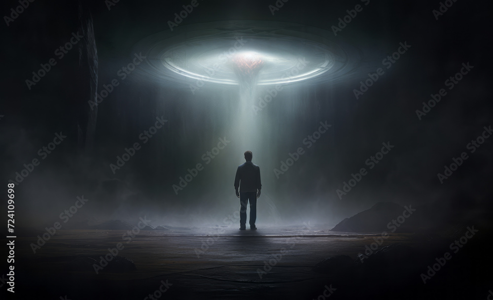 Near Death Experience, ufo hovering over a silhouette man at night in a dark night scene.