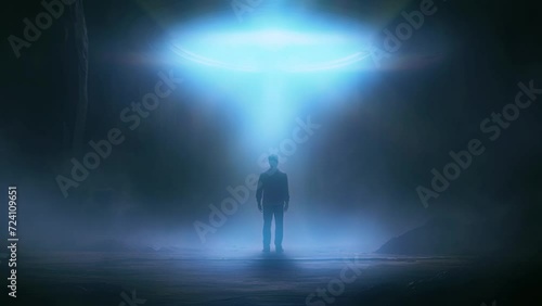 Near Death Experience, ufo hovering over a silhouette man at night in a dark night scene.